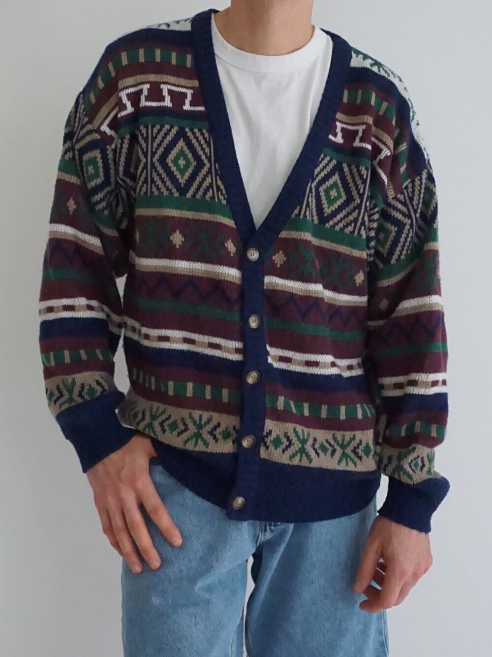 Neil Martin Navy Green Burgundy Aztec Geometric Button Front Shawl Cardigan L